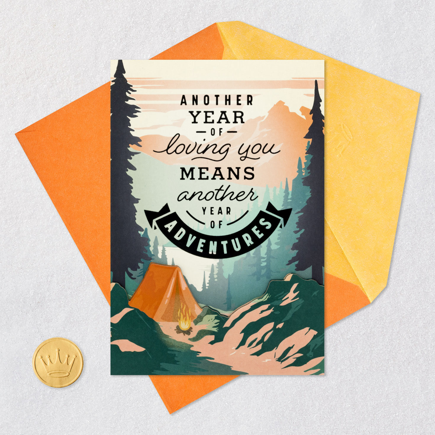 Campsite in Woods Romantic Birthday Card Card Front with Envelope and Gold Seal image number 6