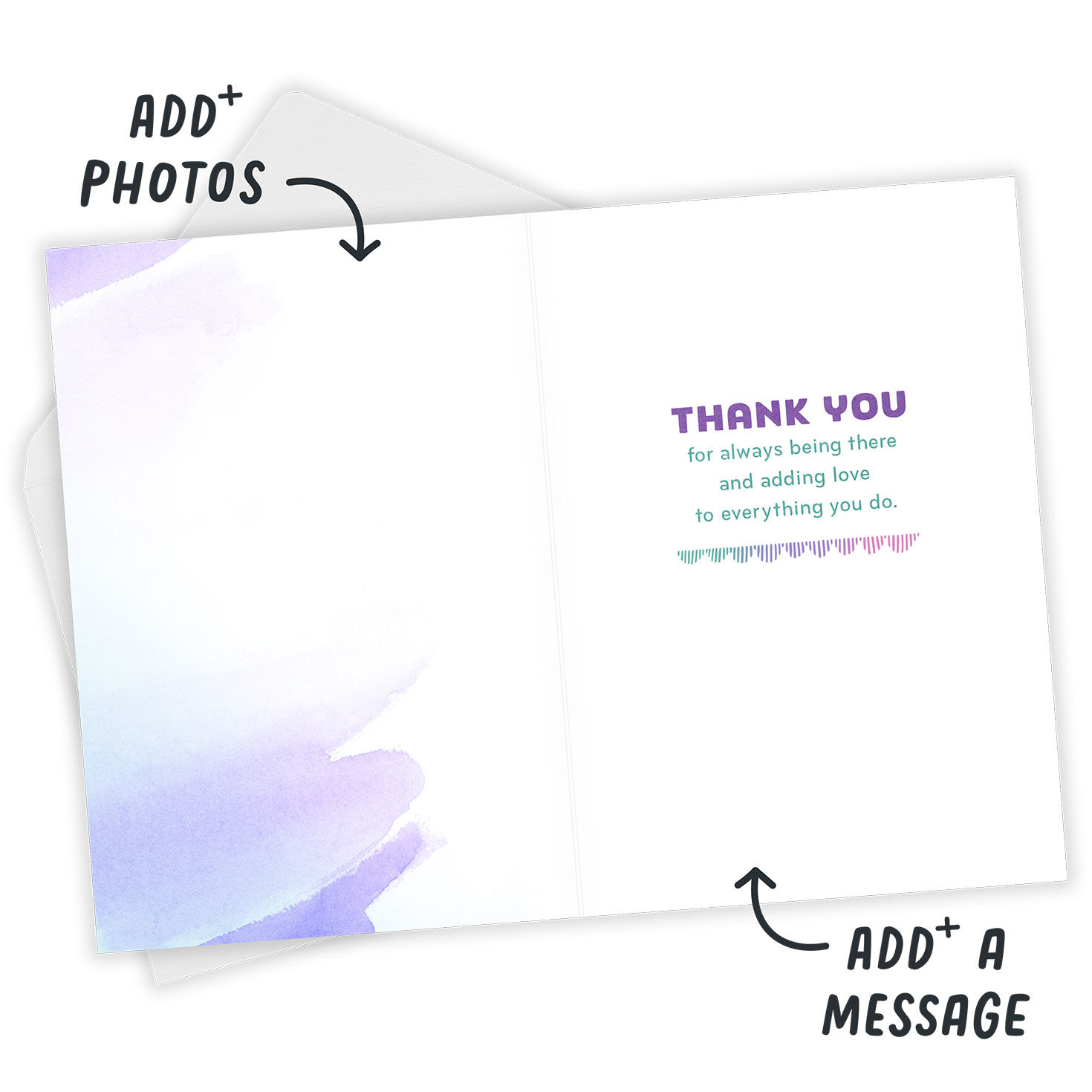 Photo Heart on Purple Personalized Mother's Day Card Open Card with Envelope indicating personalization image number 4