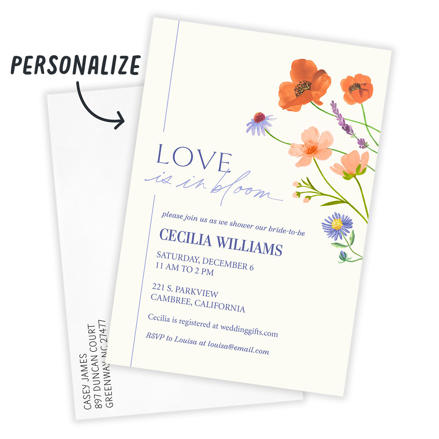 Flower Stems Personalized Wedding Shower Invitation Card Front indicating personalization image number 2