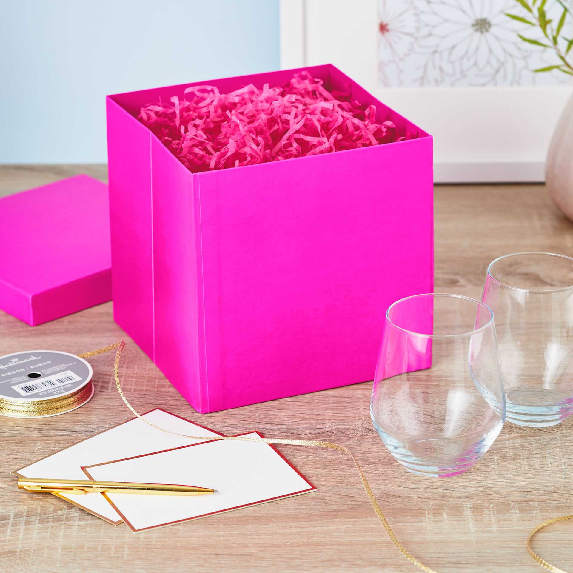 7.1" Square Hot Pink Gift Box With Shredded Paper Filler - Gift Boxes