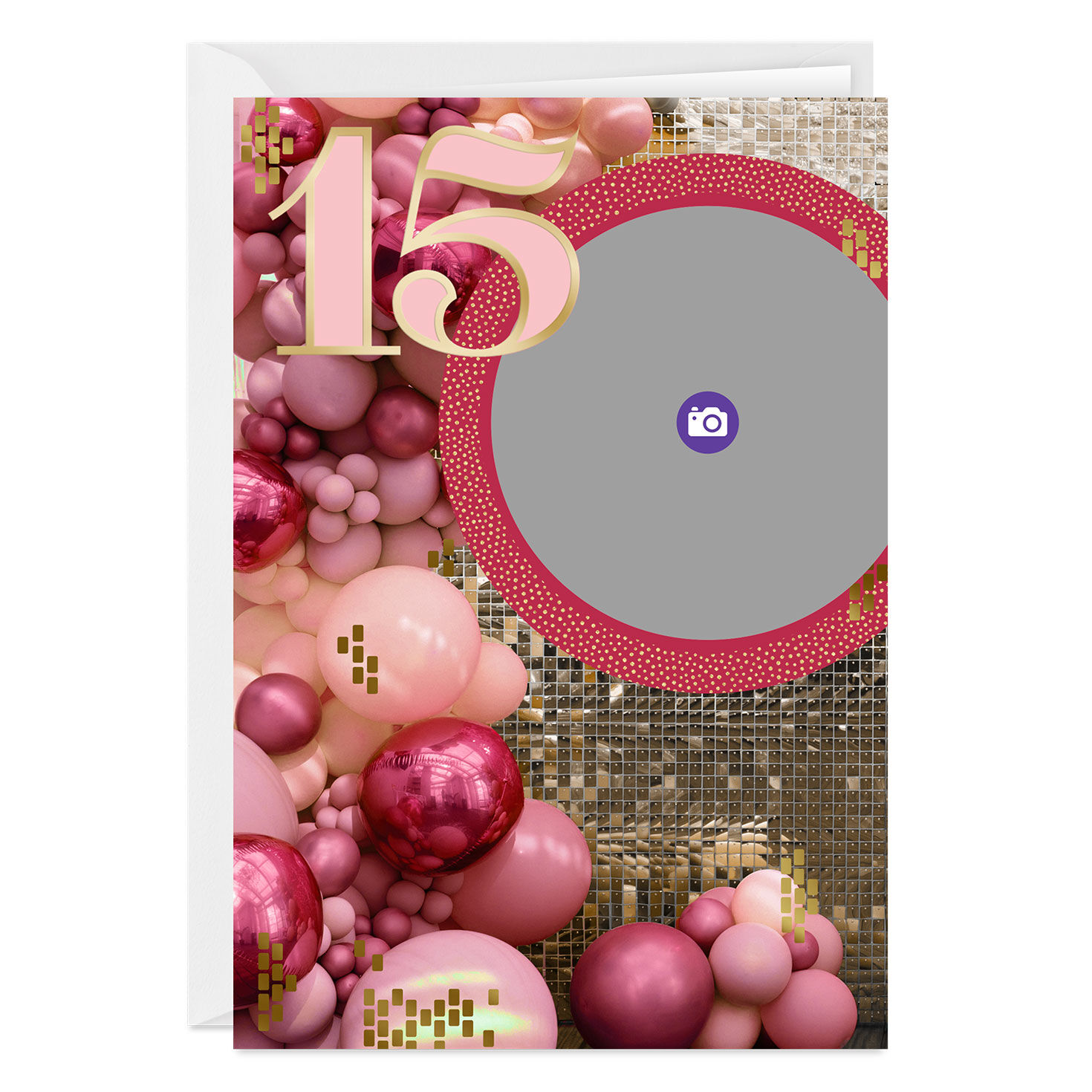 Sequins and Balloons Personalized Quincea&ntilde;era Card Card Front indicating personalization image number 3