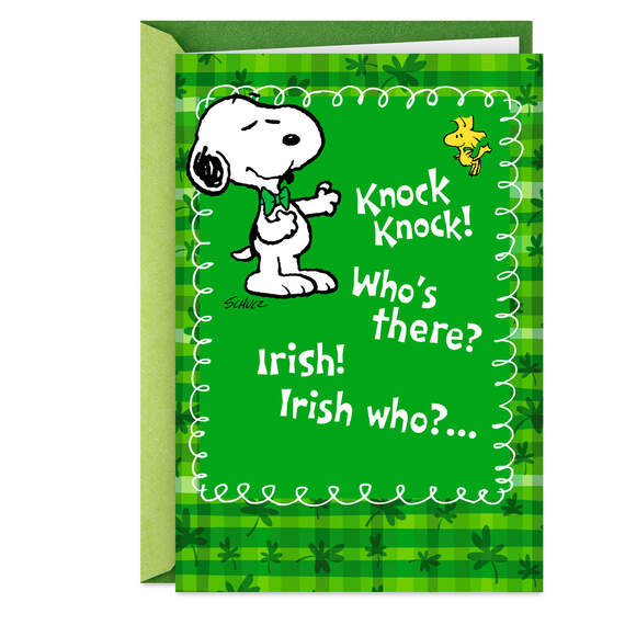 Peanuts® Snoopy Knock-Knock Joke Funny St. Patrick's Day Card, , large image number 1