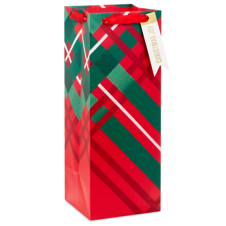 14" Red and Green Plaid Large Christmas Wine Gift Bag