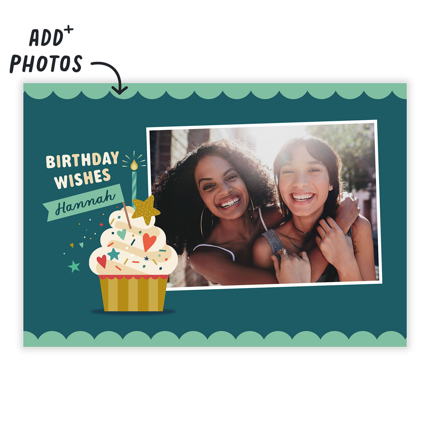 Cupcake Photo on Teal Personalized Birthday Card Card Front indicating personalization image number 2