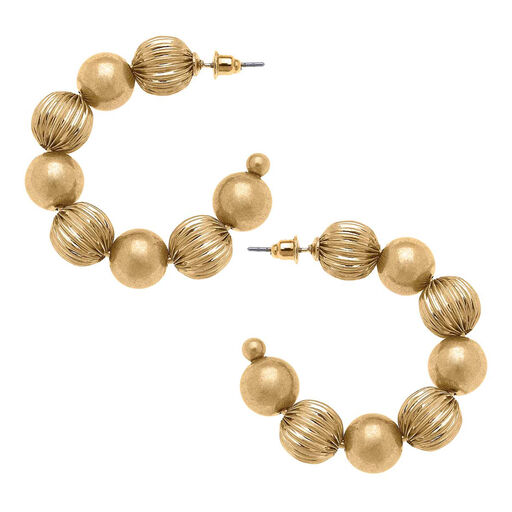 Worn Gold Ribbed Metal Beads Hoop Earrings, 
