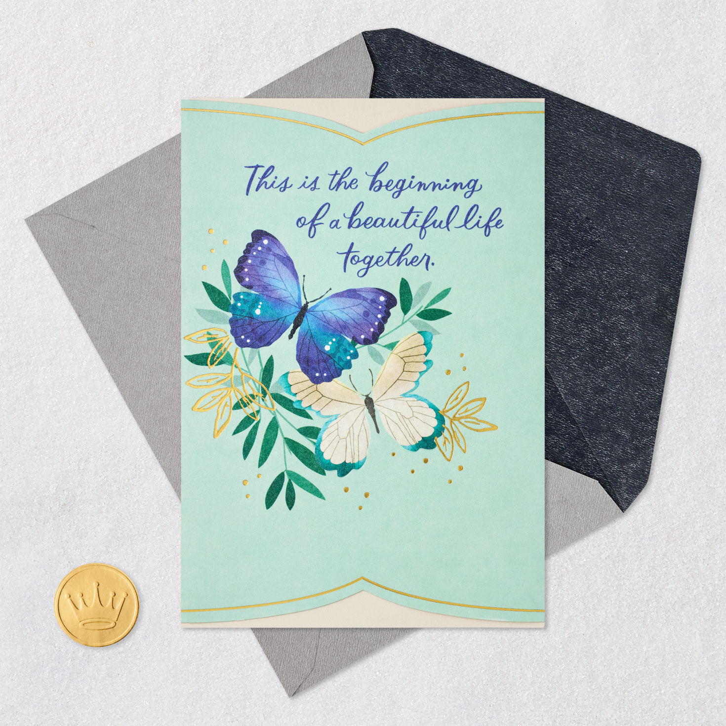 Butterflies on Green Wedding Congratulations Card Card Front with Envelope and Gold Seal image number 5