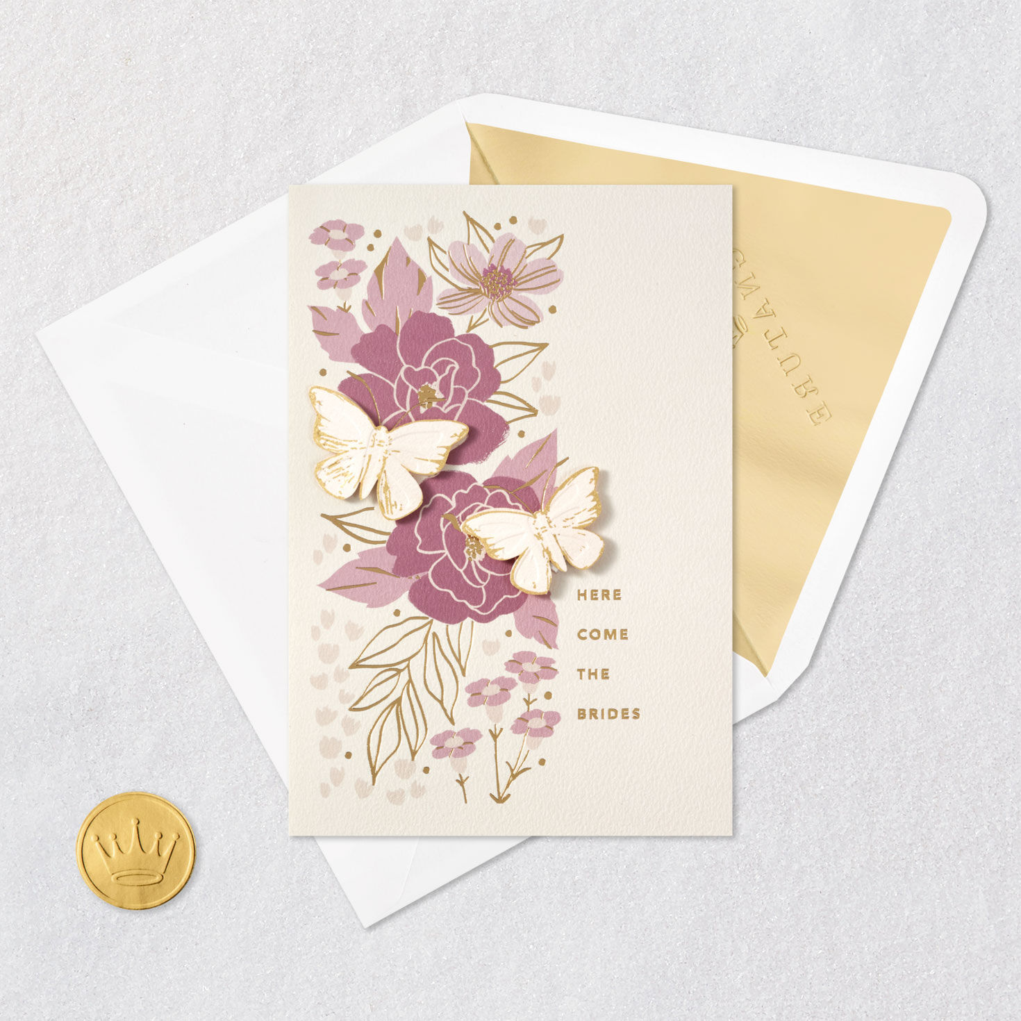 Pink Floral Lesbian Wedding Card Card Front with Envelope and Gold Seal image number 6