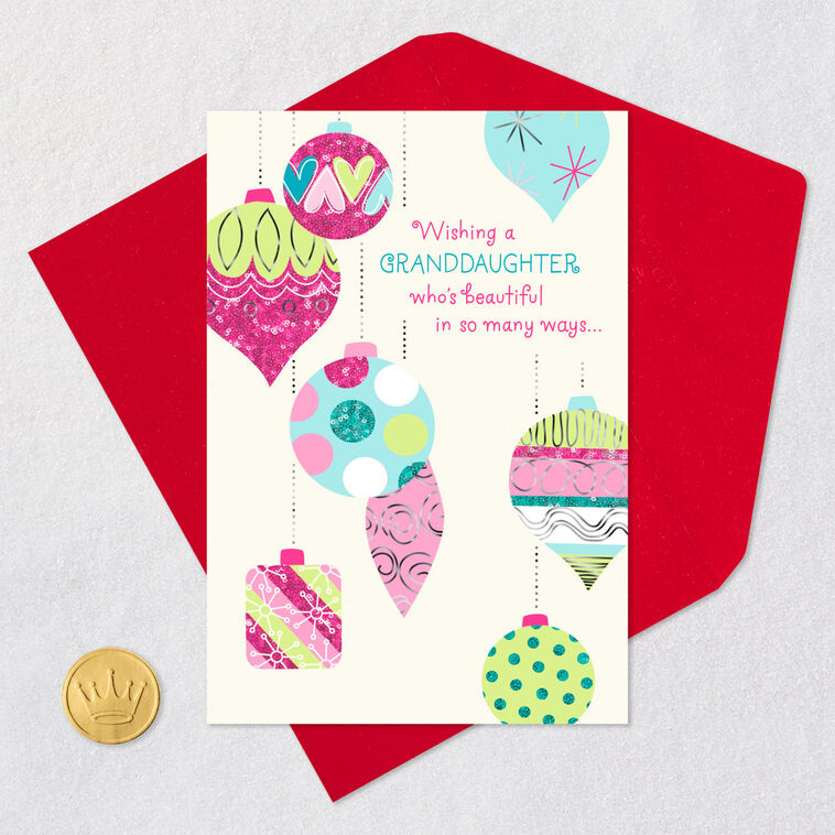 Pink and Teal Ornaments Christmas Card for Granddaughter Card Front with Envelope and Gold Seal image number 5
