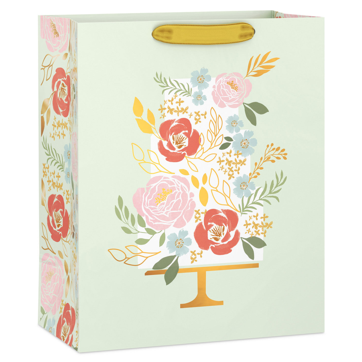 13" Tiered Floral Cake on Light Green Large Gift Bag