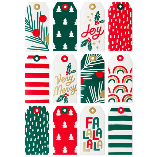 Assorted Red, White and Green Christmas Gift Tags, Pack of 12, 