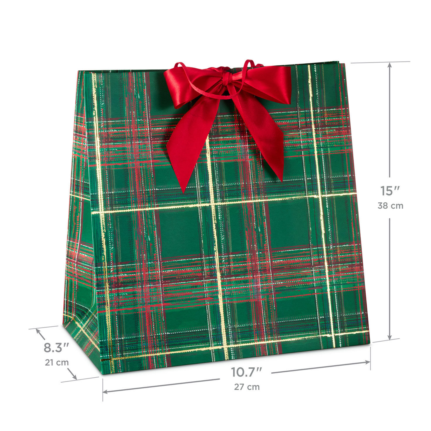 Green Plaid with Red Bow Christmas Gift Bag measurement image number 3