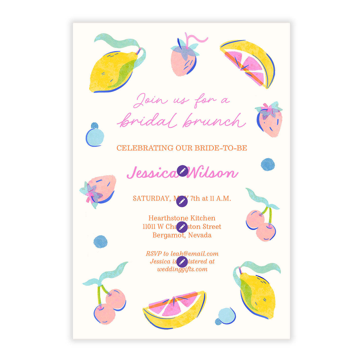 Watercolor Citrus Art Personalized Shower Invitation Card Front indicating personalization image number 5