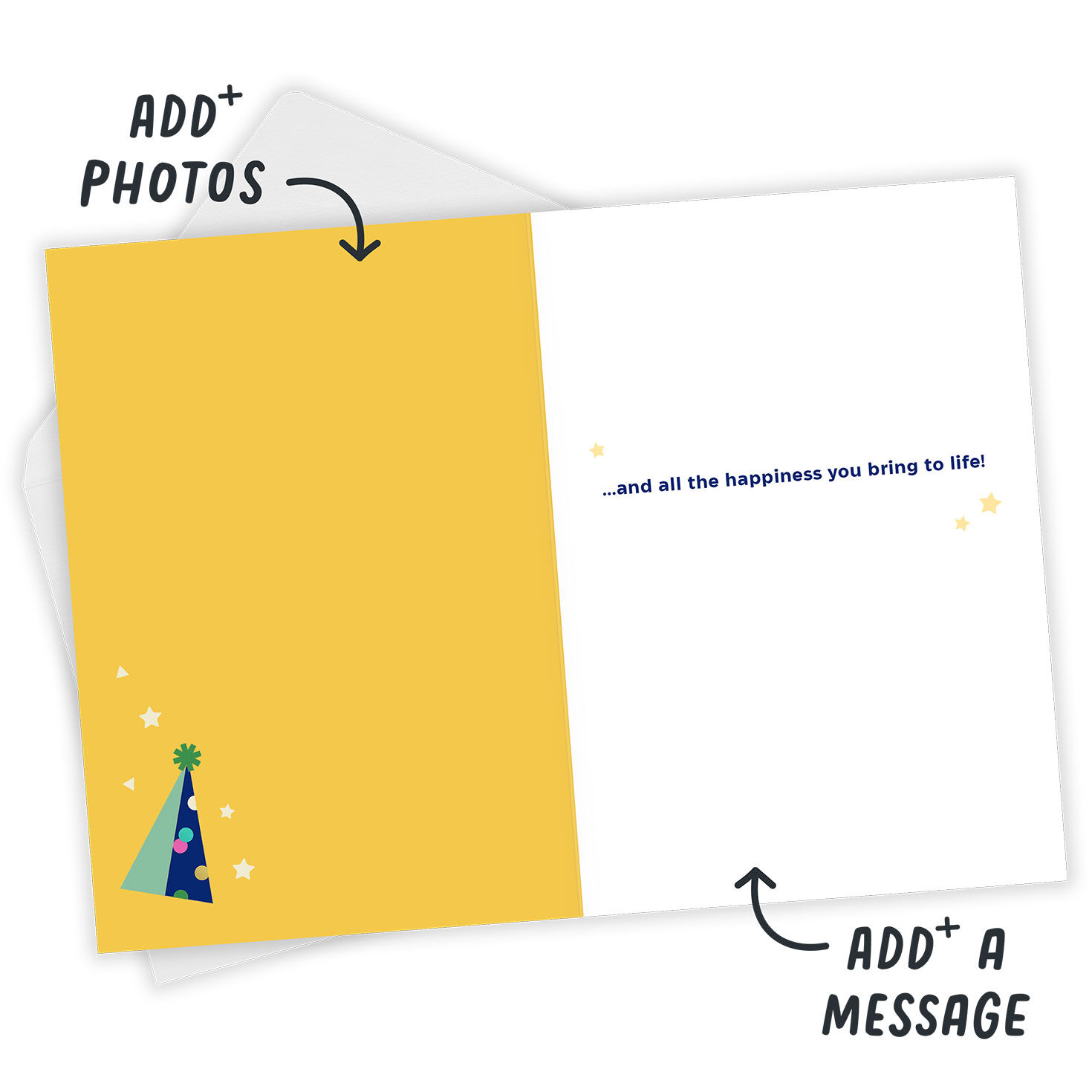 Colorful Party Hats Personalized Birthday Card Open Card with Envelope indicating personalization image number 3