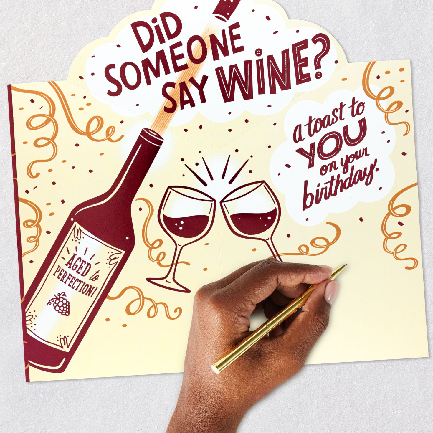 Wine Bottle Cork Pop Birthday Card signing card image number 6
