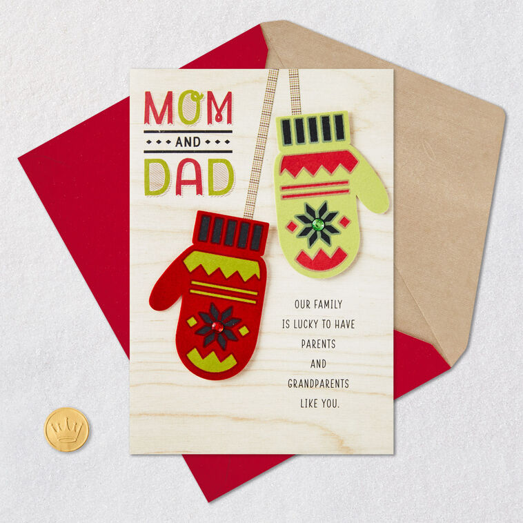 Fuzzy Mittens Parents Christmas Card for Mom and Dad Card Front with Envelope and Gold Seal image number 6