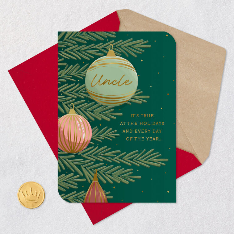 Ornaments on Tree Uncle Christmas Card Card Front with Envelope and Gold Seal image number 5
