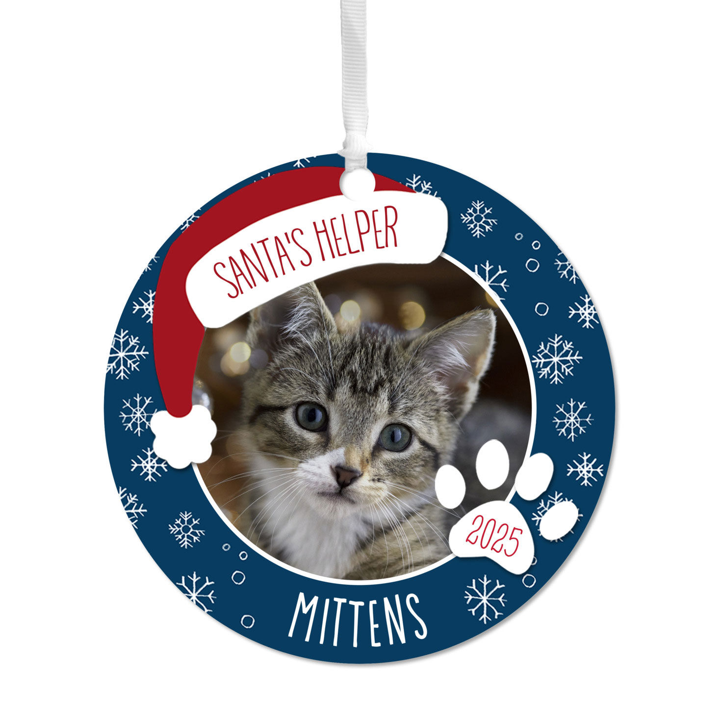 Holiday Pet Round Metal Personalized Ornament, Custom Photo and Text