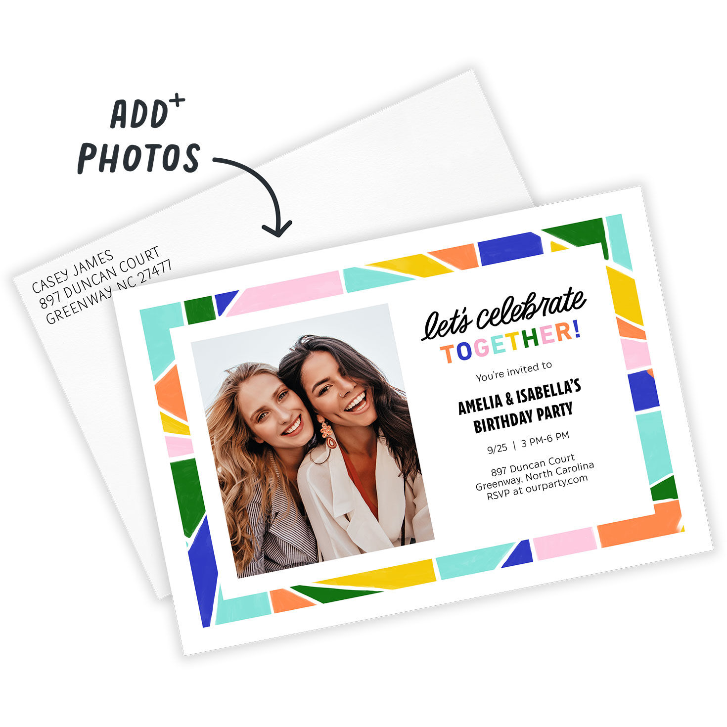 Colored Abstract Border Personalized Party Invitation Card with Envelope indicating personalization image number 2