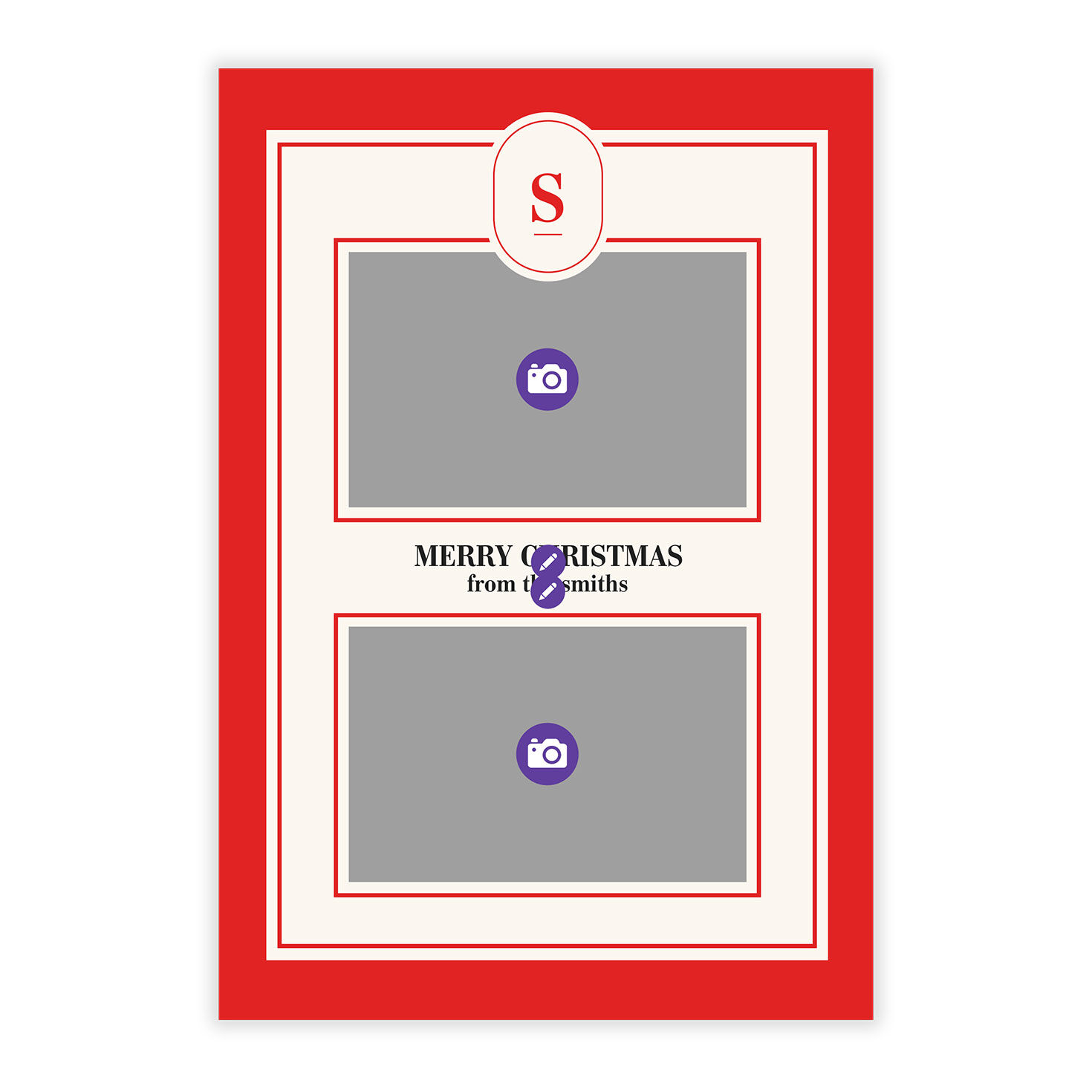 Red White Monogram Personalized Christmas Photo Card Card Front indicating personalization image number 5