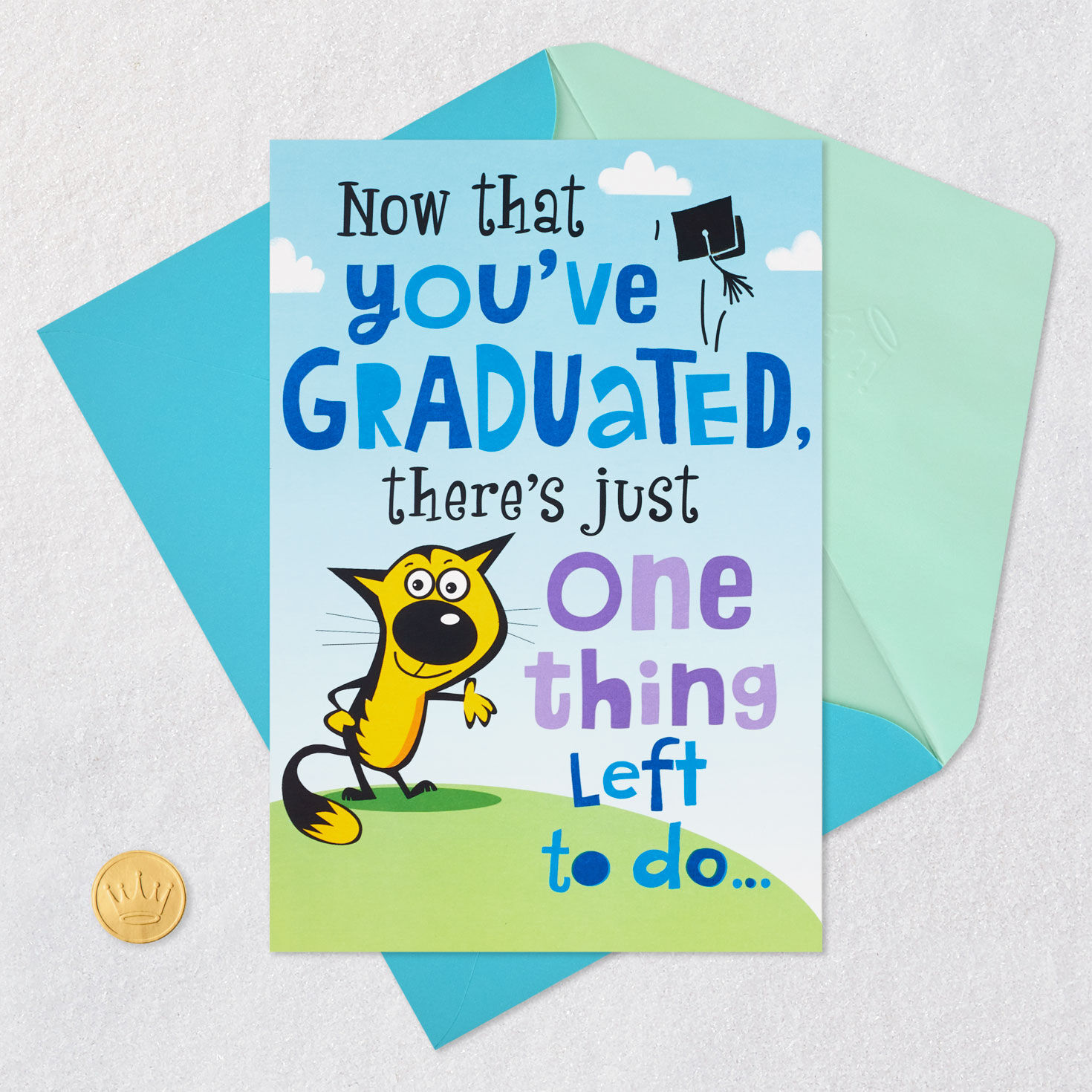 Cartoon Cat with Party Horn Musical Graduation Card Card Front with Envelope and Gold Seal image number 5