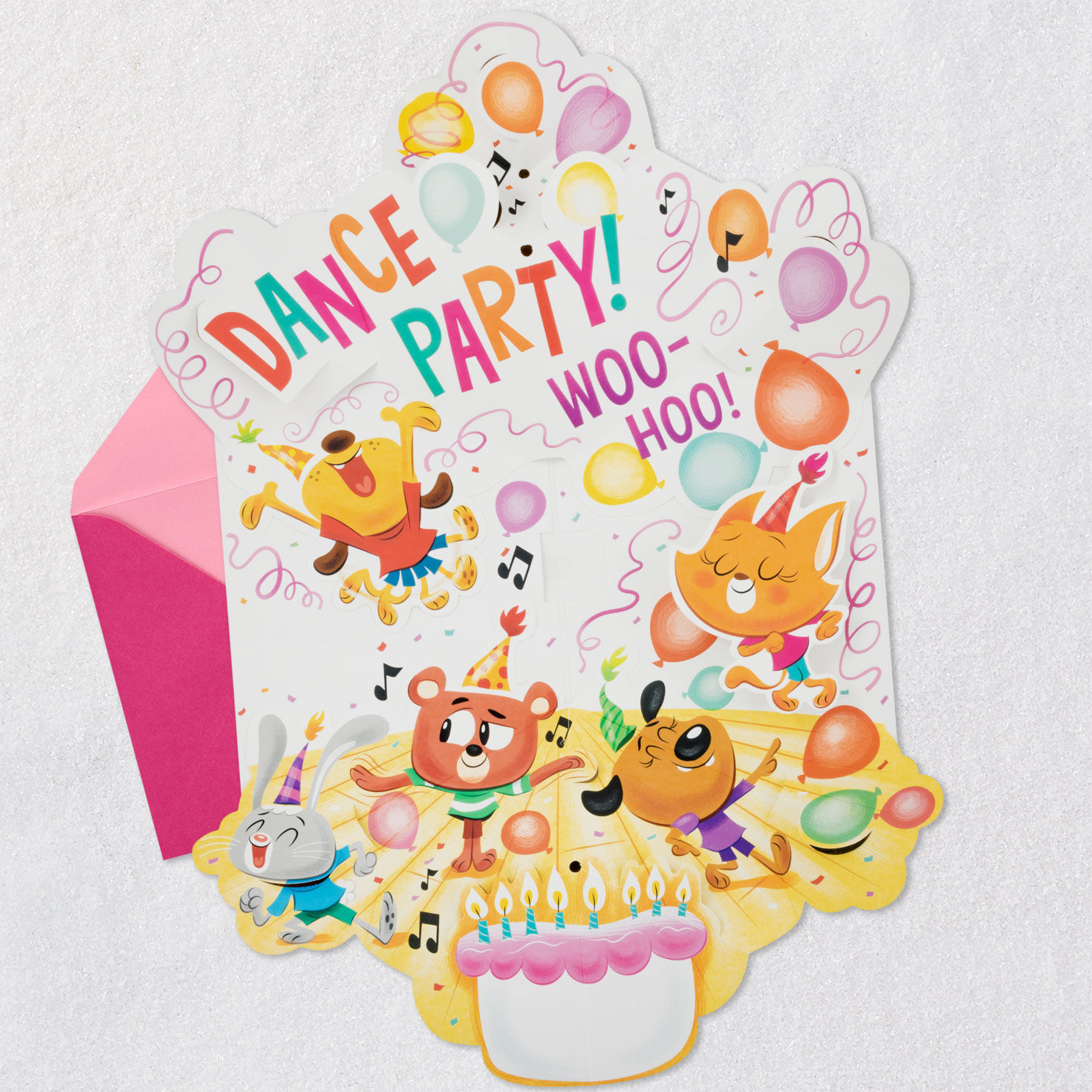 Dance Party Animals Musical Pop-Up Birthday Card for Kids open card with envelope image number 2
