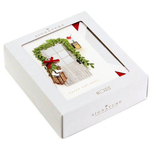 Wood Door With Sled and Ice Skates Boxed Christmas Cards, Pack of 8, 
