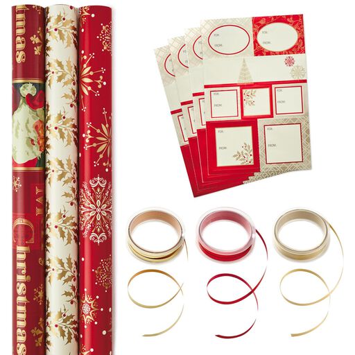 Red/Gold Christmas Combo Pack: 3 Reversible Wrapping Paper Rolls, Ribbon and Seals, 