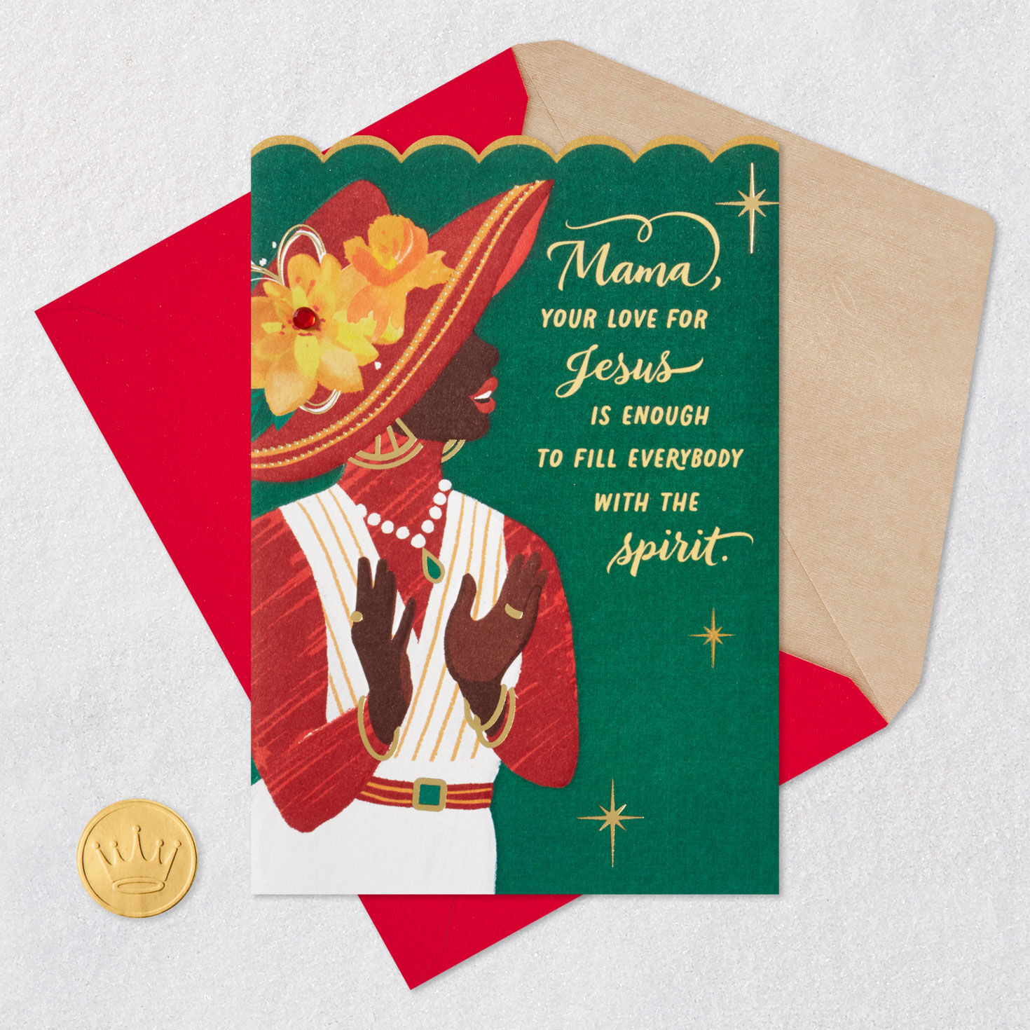Black Woman in Red and Gold Hat Religious Christmas Card for Mom Card Front with Envelope and Gold Seal image number 7