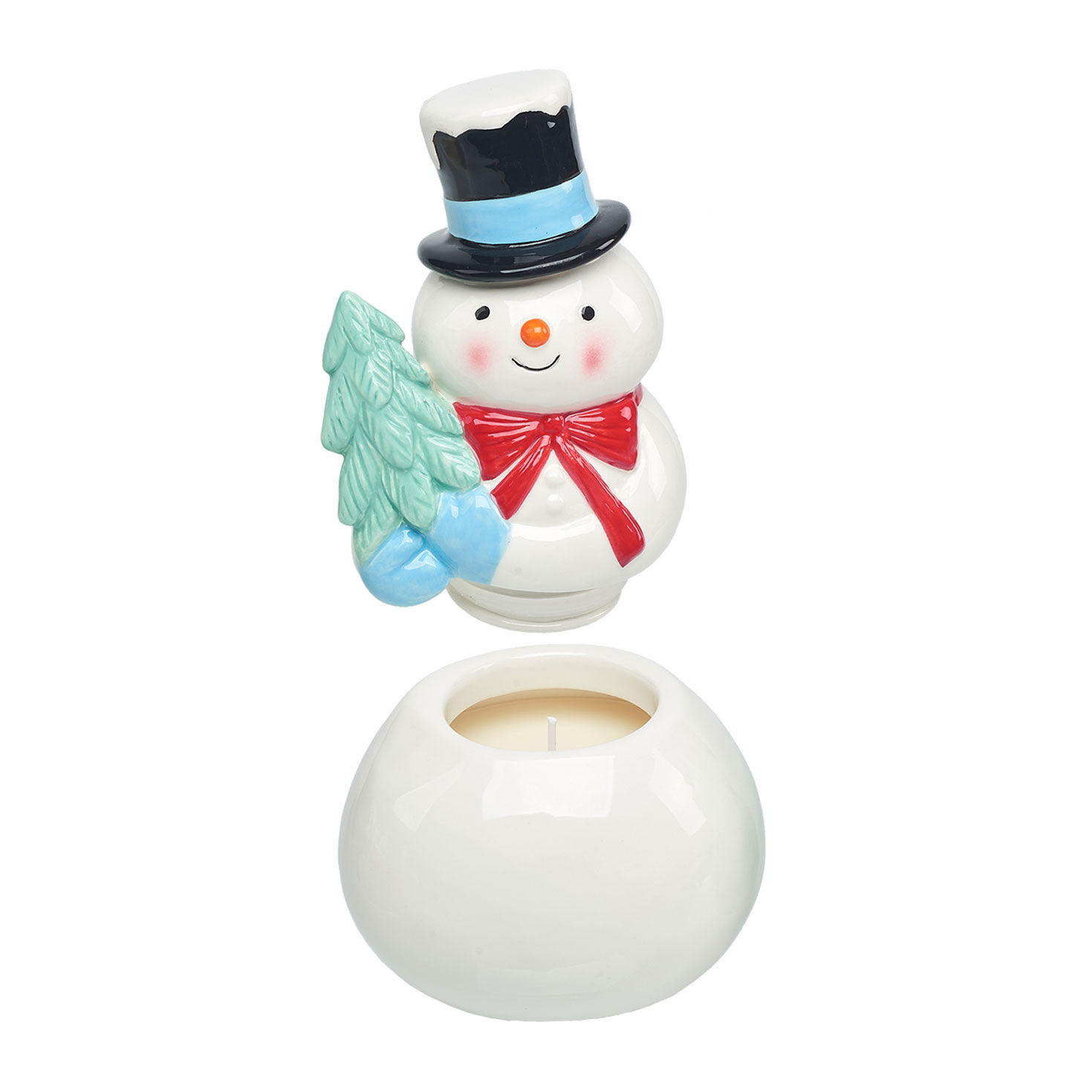 Peppermint Scented Ceramic Snowman Candle lid off image number 3