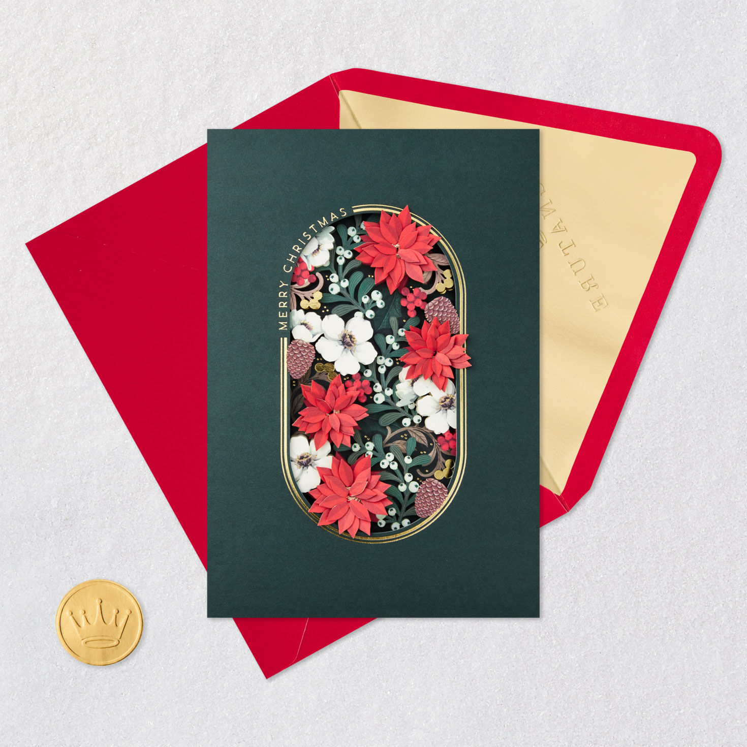 Poinsettia Botanical Gold Foil Christmas Card Card Front with Envelope and Gold Seal image number 5