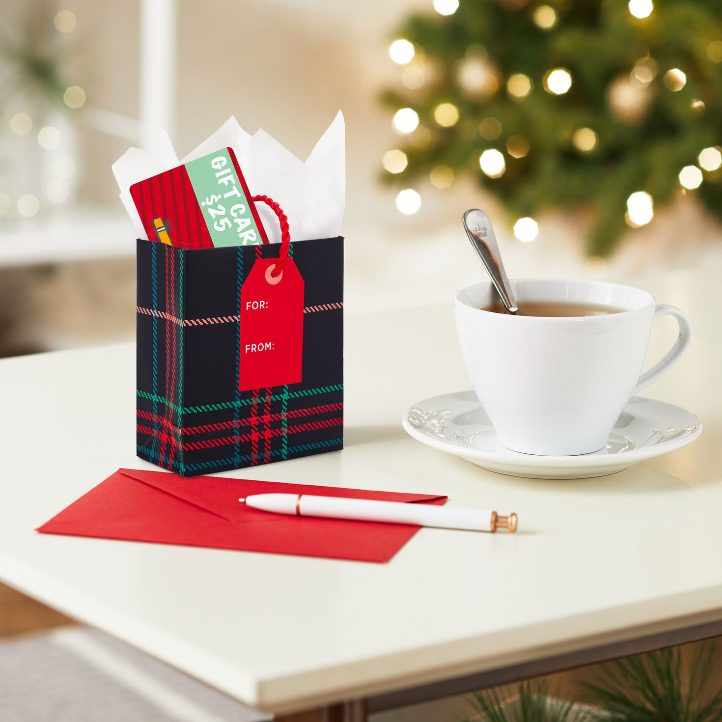 Holiday Plaid Christmas Gift Card Holder Mini Bag In use image number 2