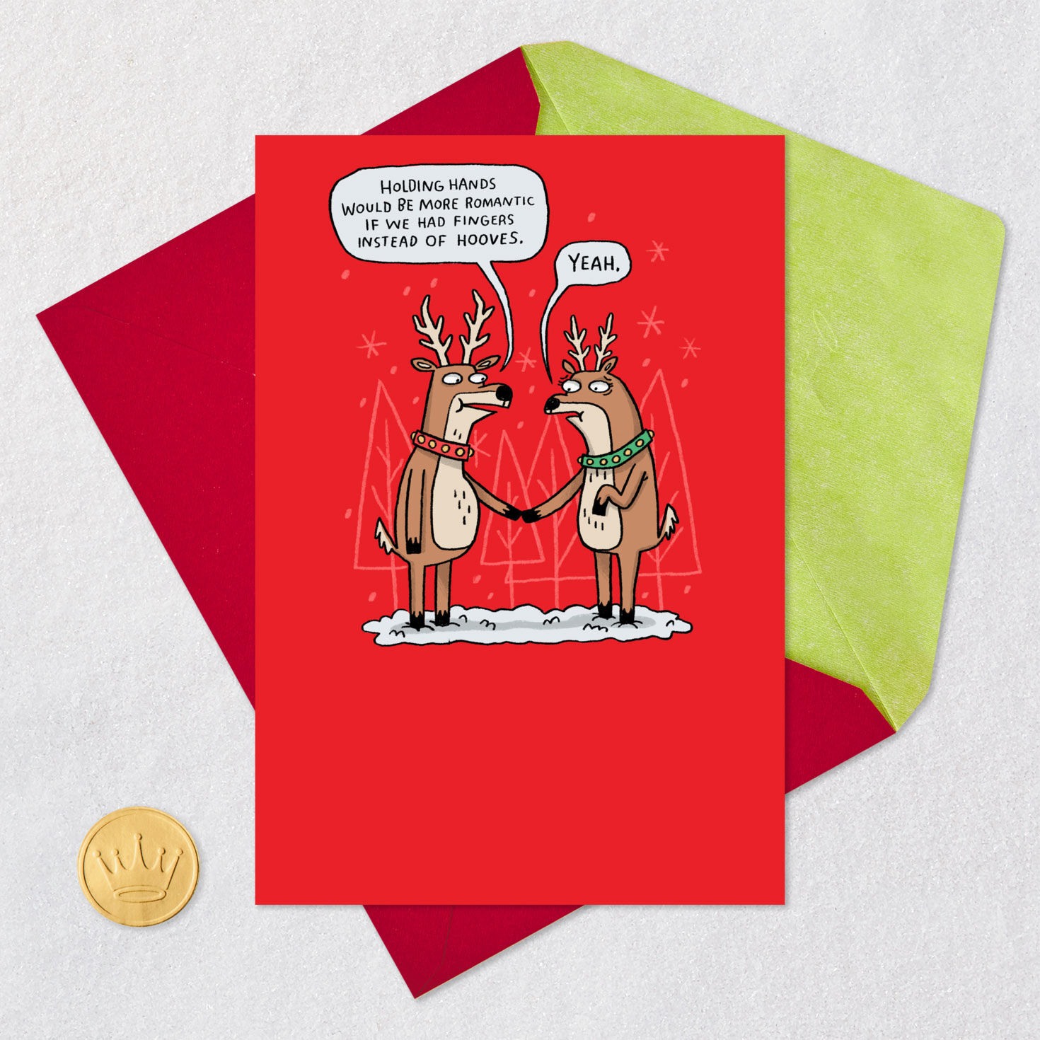 Two Deer Holding Hooves Funny Christmas Card Card Front with Envelope and Gold Seal image number 5
