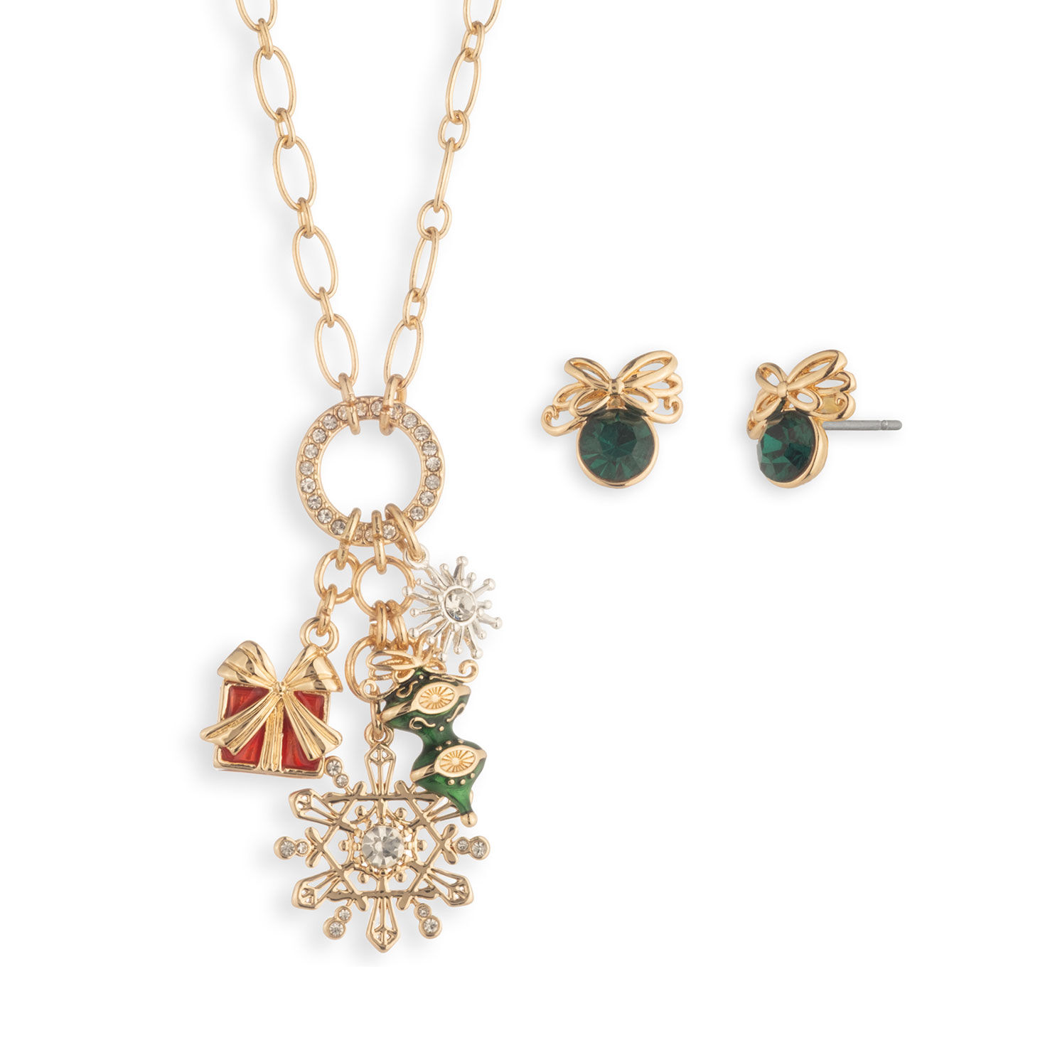 Hallmark Gold Christmas Charm Necklace and Bow Stud Earrings, Set of 2