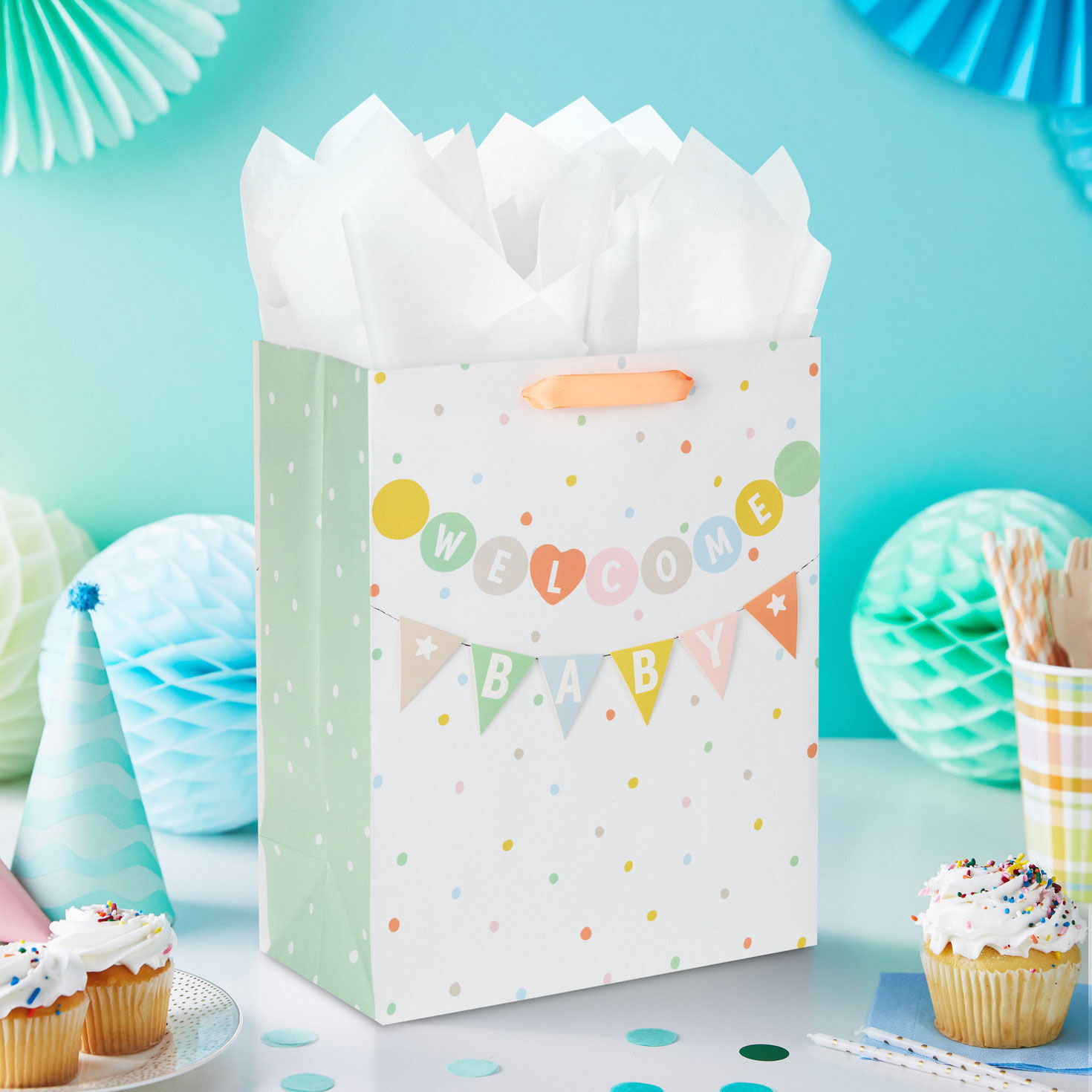 Welcome Baby Banner With Polka Dots Large Gift Bag in use image number 2