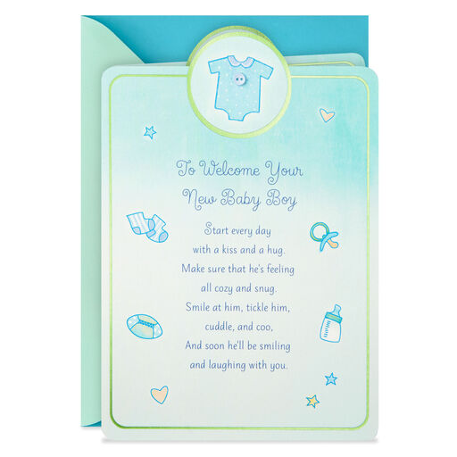 Welcome With a Kiss and Hug New Baby Boy Card, 
