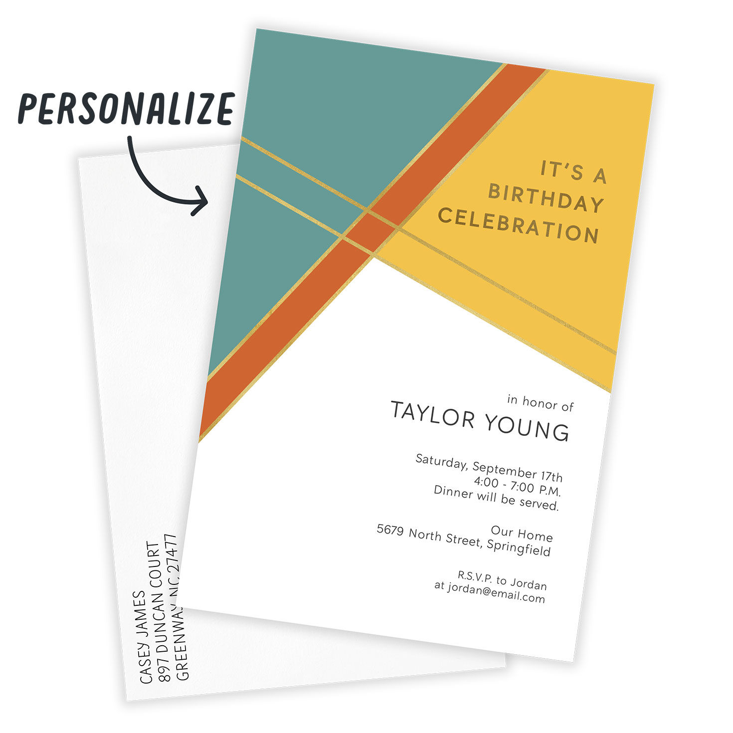Green Orange Yellow Personalized Party Invitation Card Front indicating personalization image number 2
