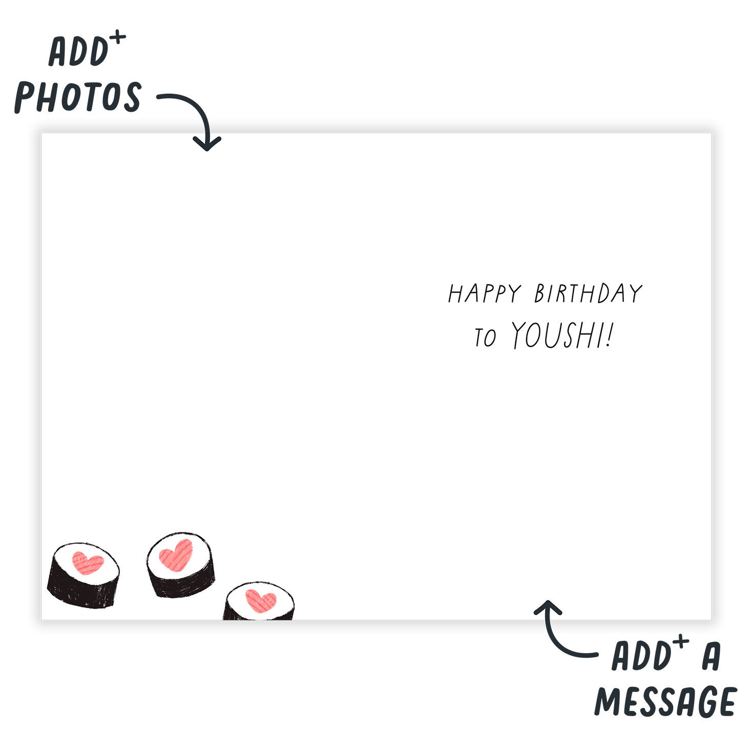 Fish and Heart Sushi Personalized Birthday Card Open Card indicating personalization image number 3