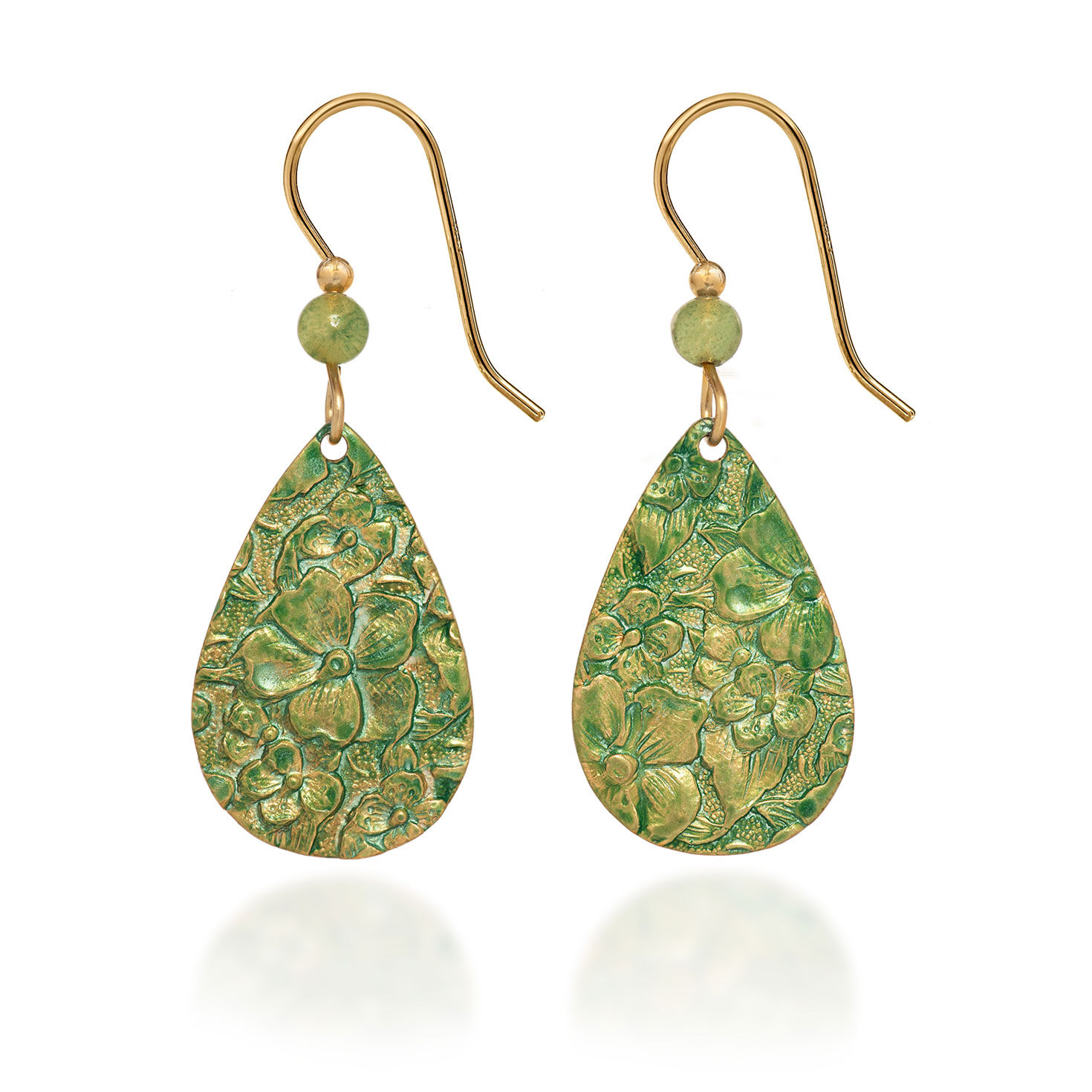 Silver Forest Green on Gold Metal Embossed Flower Teardrop Earrings