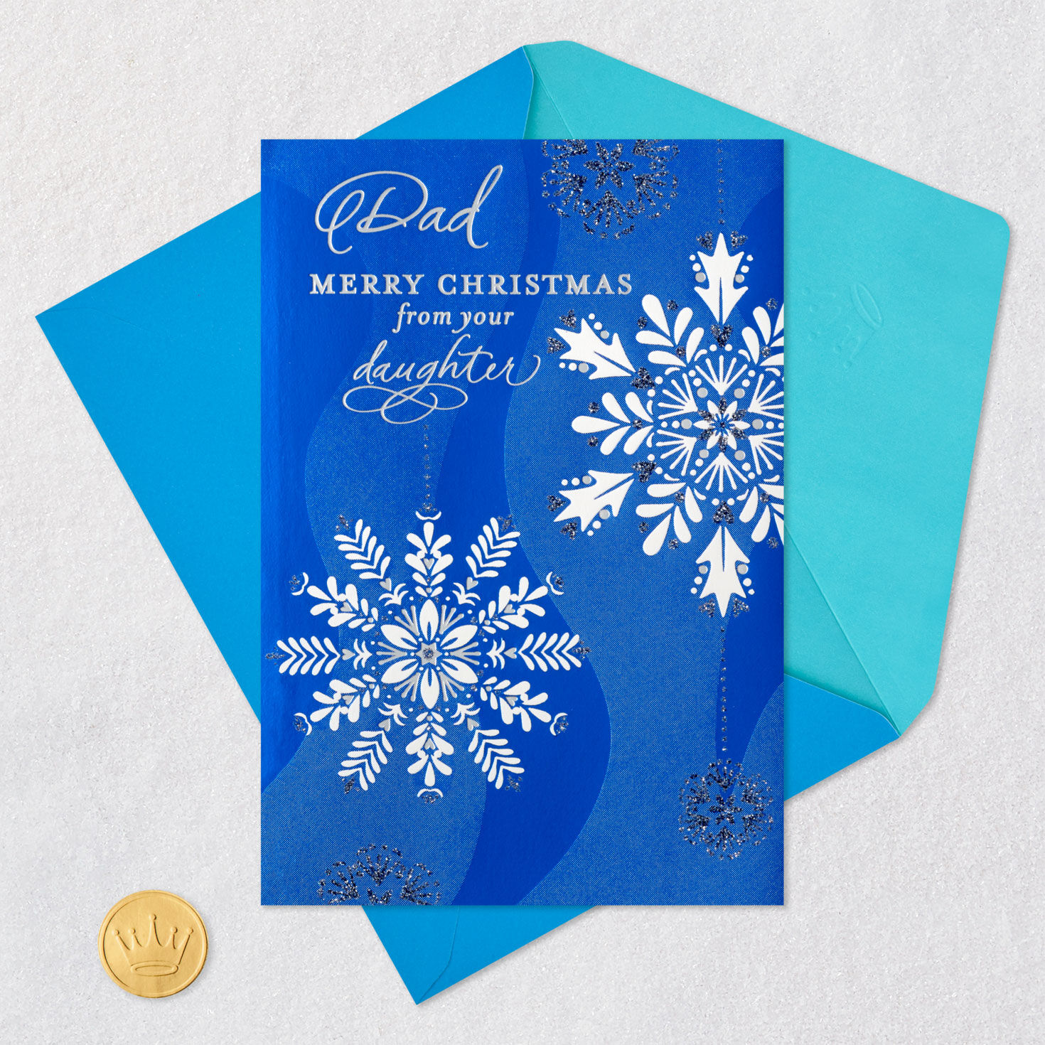 Blue and White Snowflakes Dad Christmas Card from Daughter Card Front with Envelope and Gold Seal image number 7