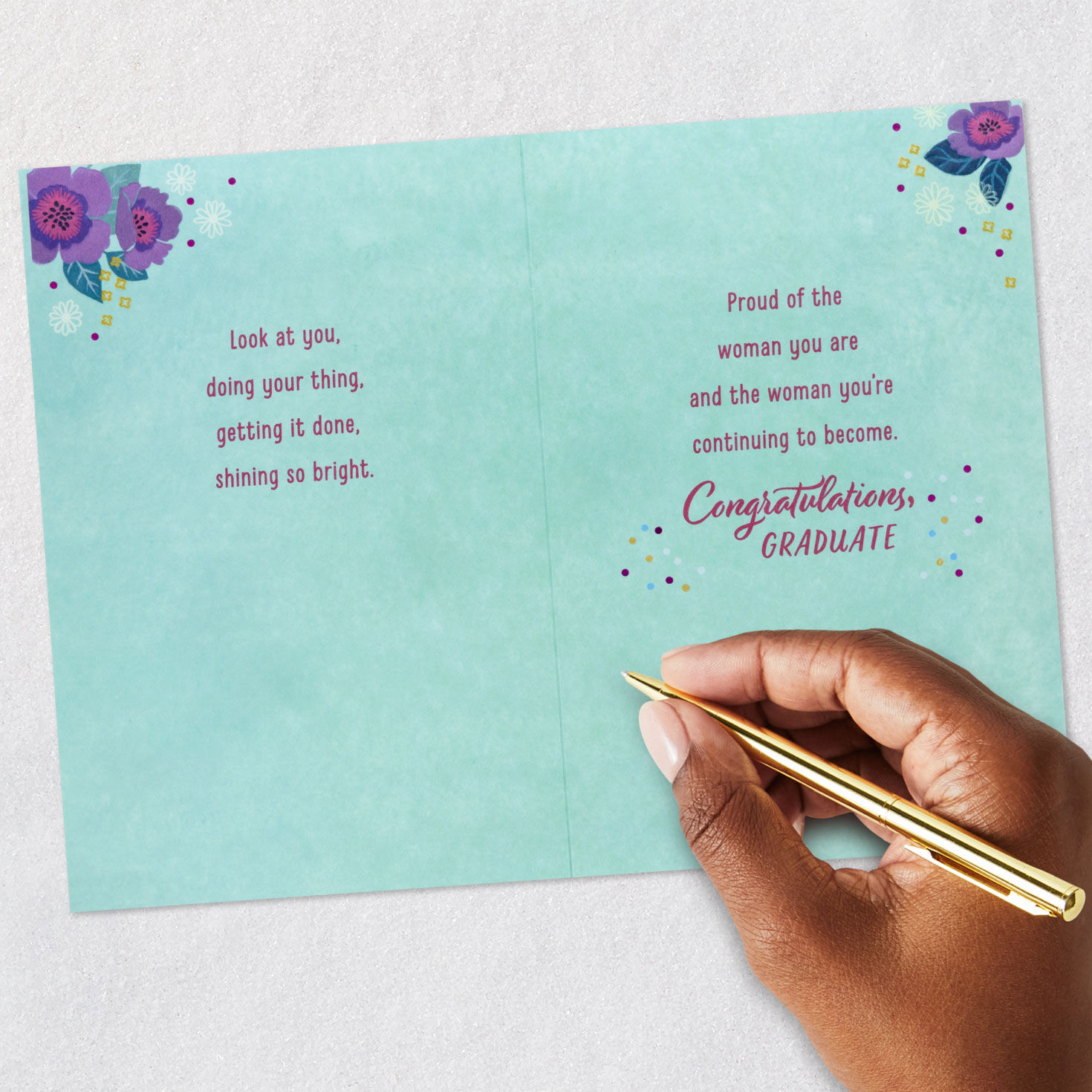 Grad in Blue Floral Gown Graduation Card for Her signing card image number 7