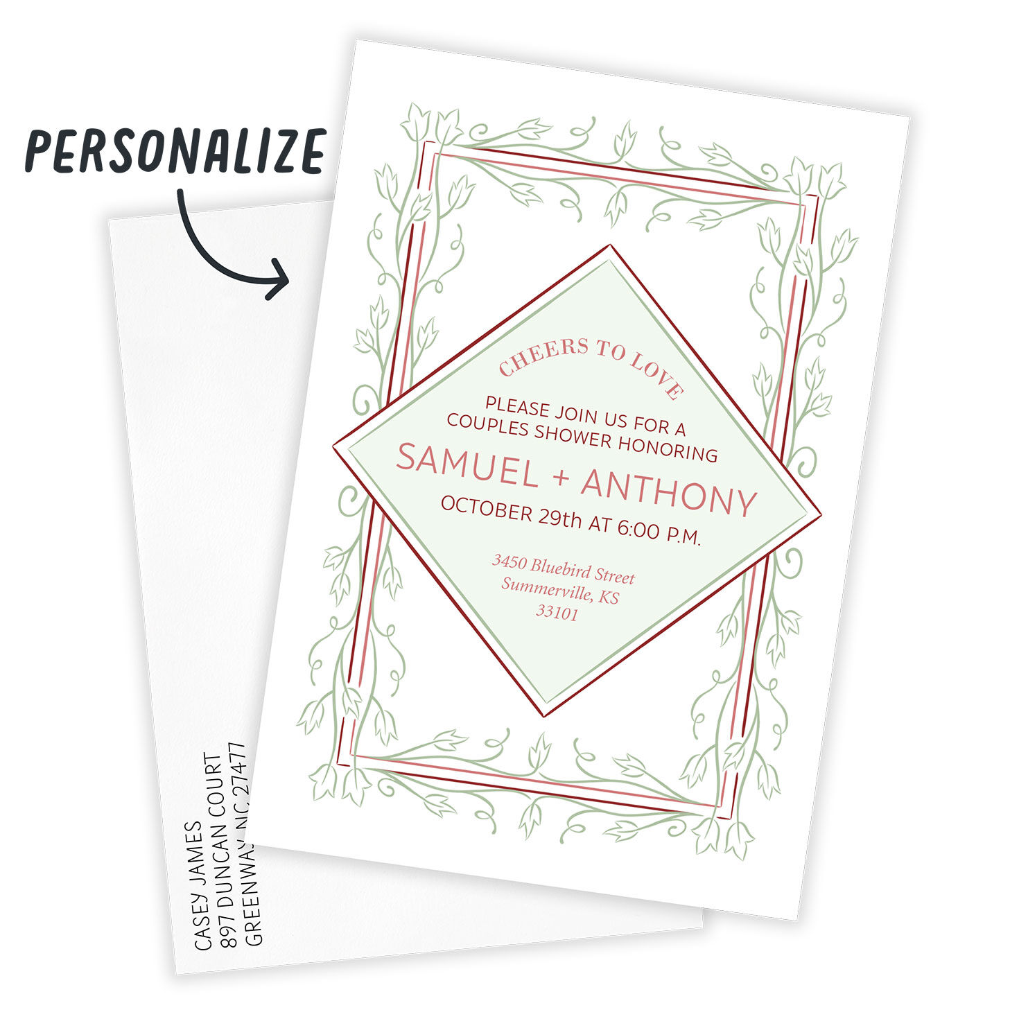 Green Vines Red Borders Personalized Shower Invitation Card front with Envelope indicating personalization image number 2