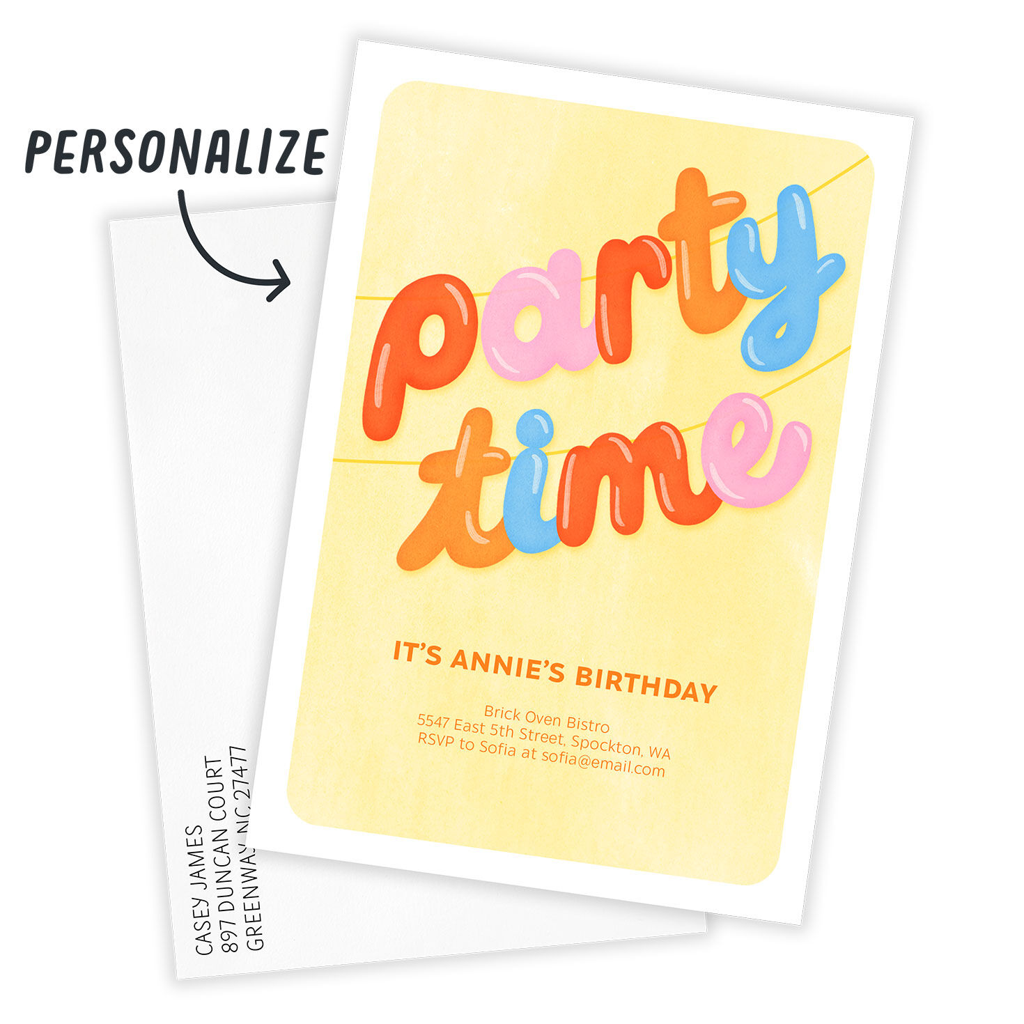 Party Time Balloon Letters Personalized Invitation Card with Envelope indicating personalization image number 2