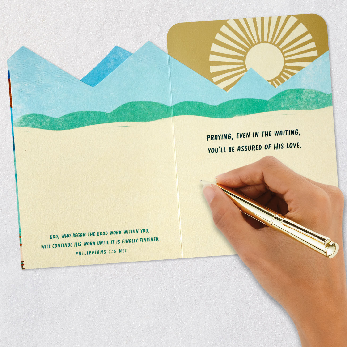 Sun Over Mountains Religious Encouragement Card Card Back with Envelope image number 7