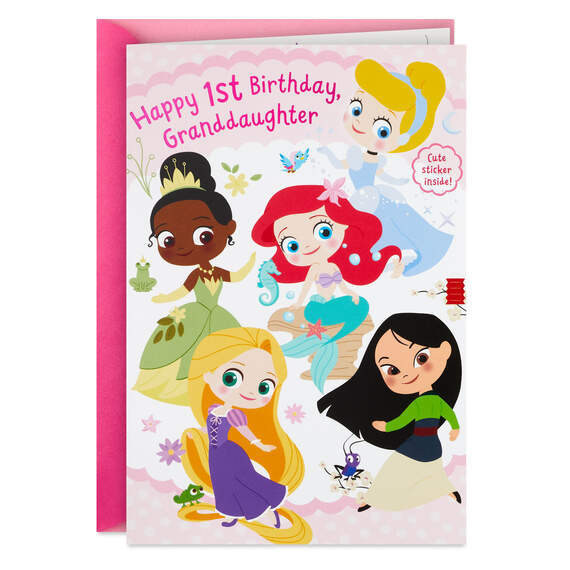 Disney Princess 1st Birthday Card for Granddaughter With Sticker