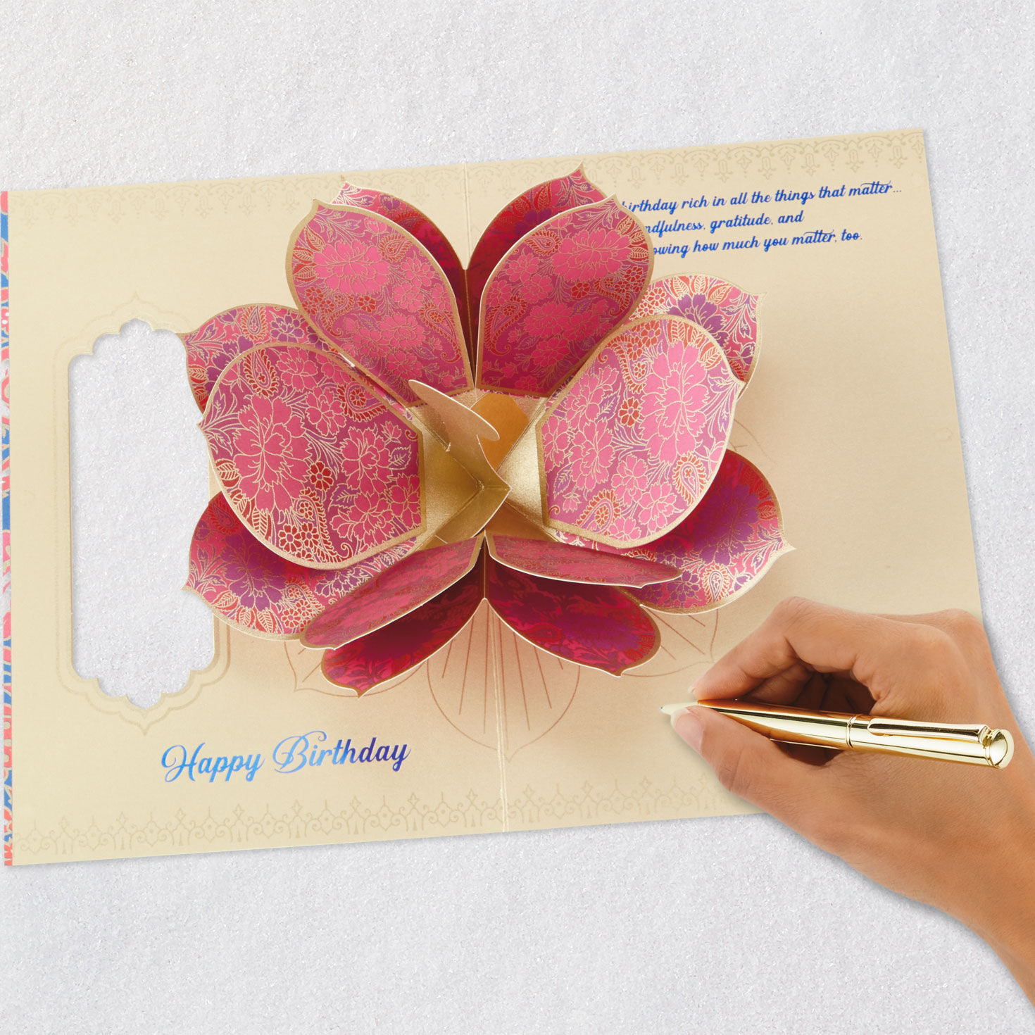 Blue and Pink Lotus Flower Pop-Up Birthday Card signing card image number 8