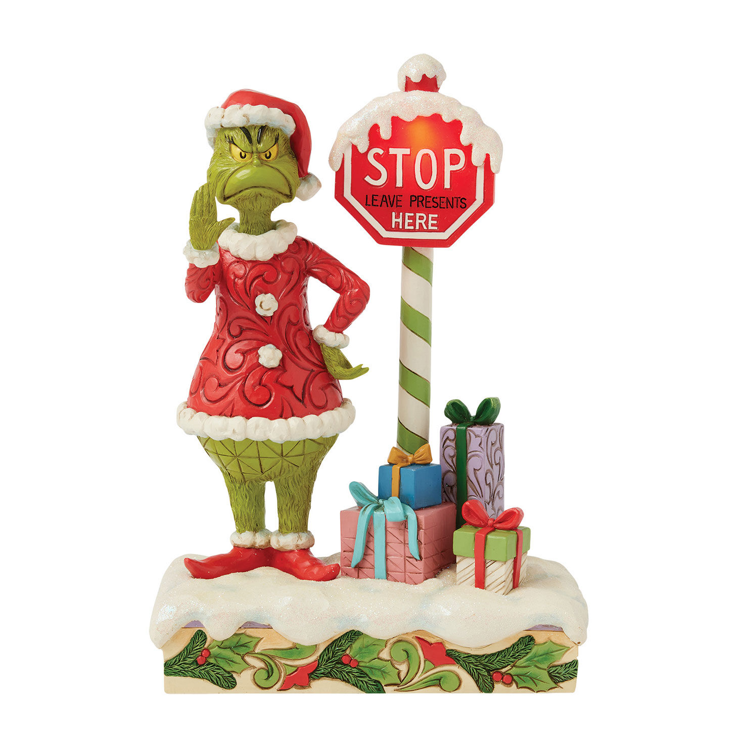 Jim Shore Grinch by Stop Sign LED Figurine front glowing sign image number 2