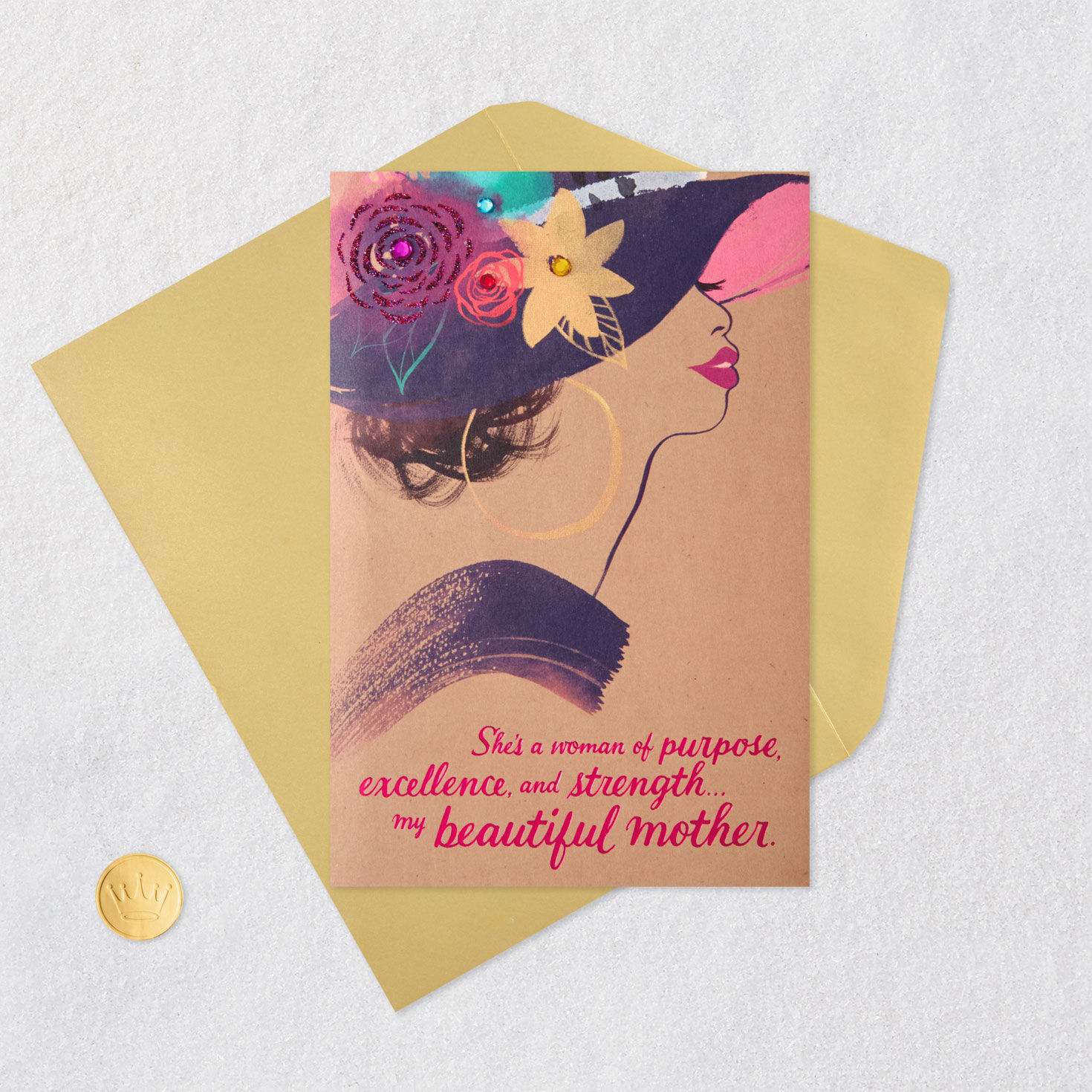 Black Woman in Floral Hat Mother's Day Card for Mom Card Front with Envelope and Gold Seal image number 6