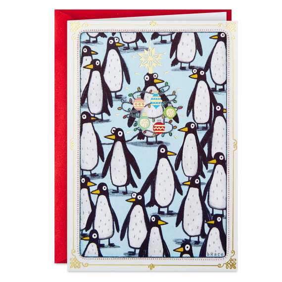 Festive Penguin Standing Out in a Crowd Funny Christmas Card, , large image number 1