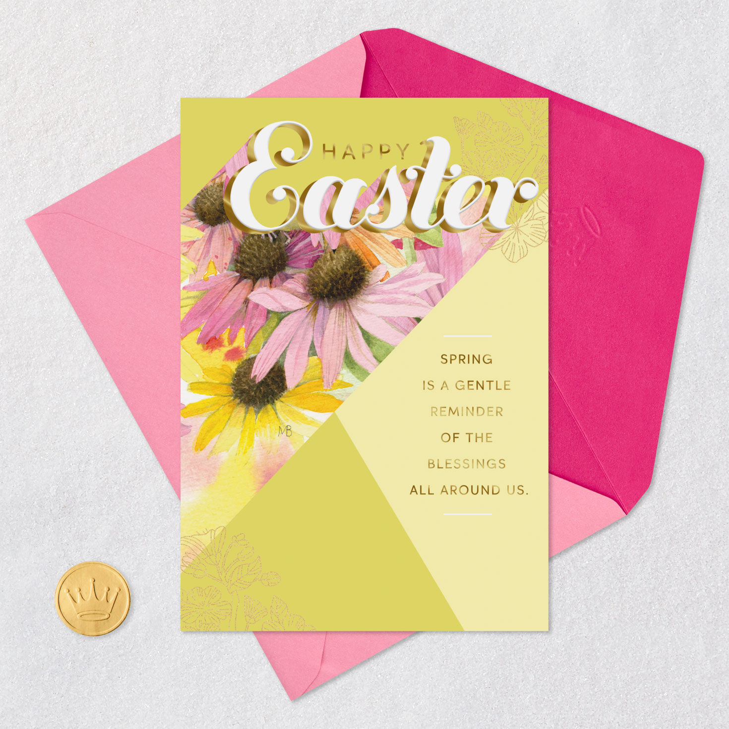 Pink and Yellow Flowers Easter Card Card Front with Envelope and Gold Seal image number 5