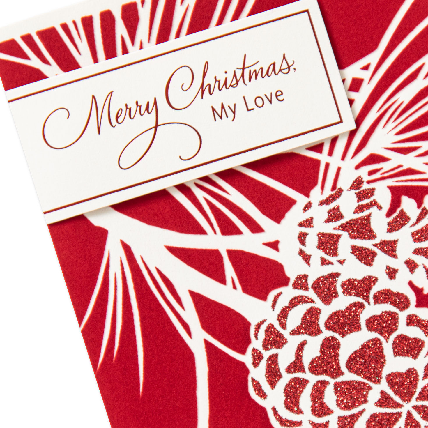 Sparkly Red and White Pine Cones Romantic Christmas Card Card Front Detail image number 5